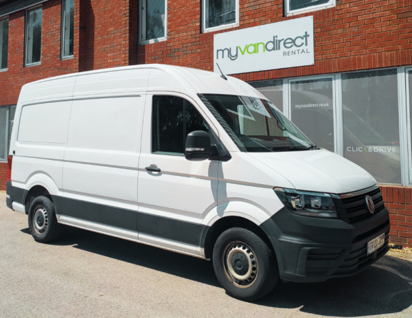 Transit van parked under myvandirect rental sign