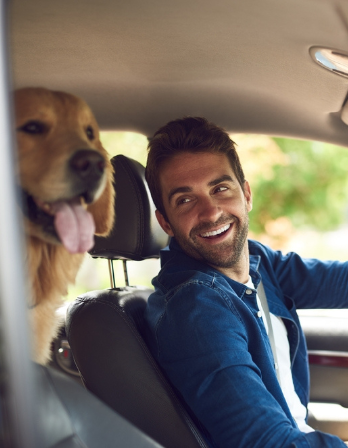 Happy man looking over his shoulder at the golden retriever in the car