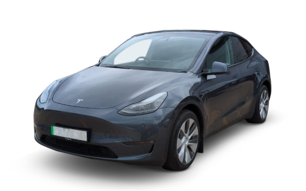 Tesla Model Y in grey three quarter view